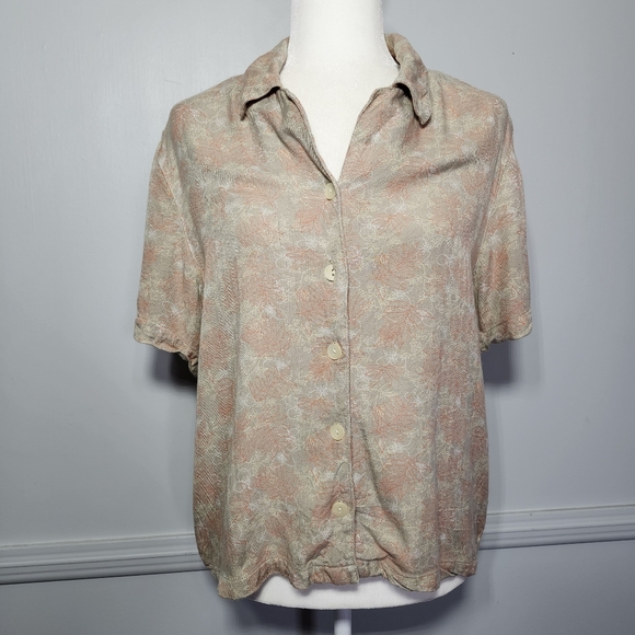 90s Classic Button Down Soft Abstract Leaves Print Fall Design Sea Shell Buttons - Picture 1 of 7